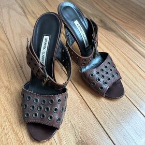 Manolo Blahnik Leather Grommet Brown Sandals